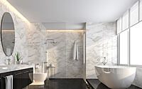 Luxury bathroom with black marble floor and white marble wall 3d