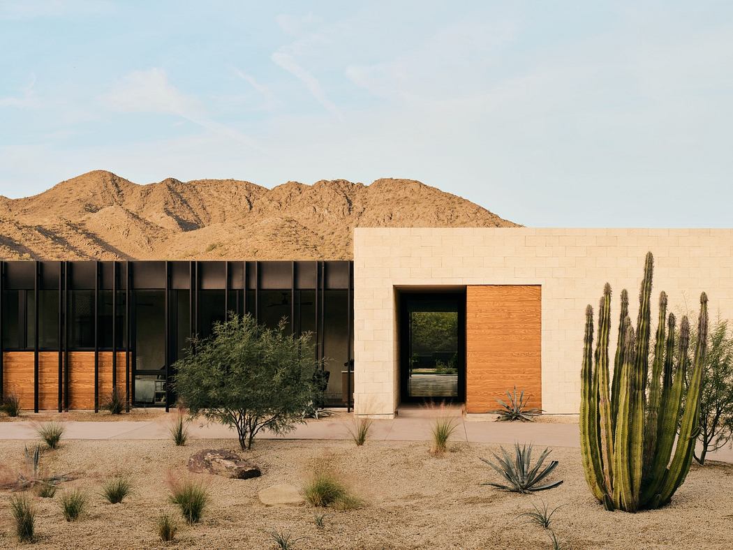 Modern desert home with large windows and cacti in front.