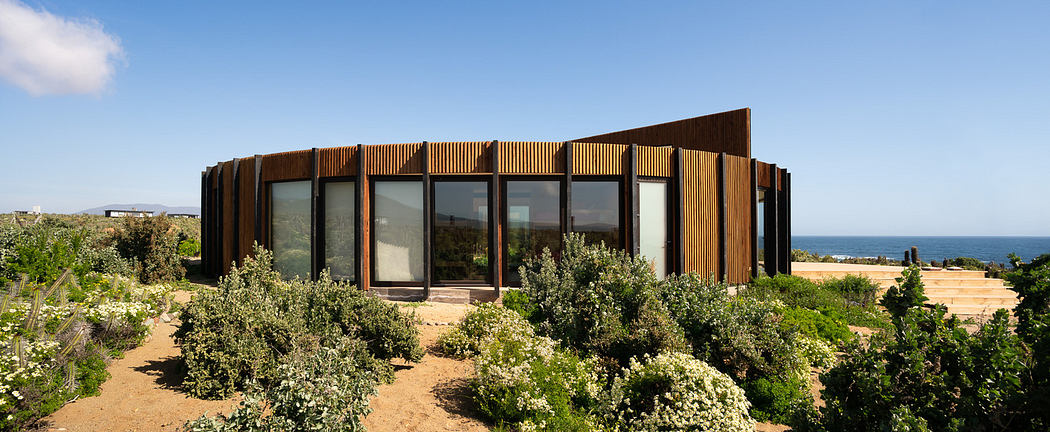 Modern wooden house with large windows surrounded by coastal shrubbery.