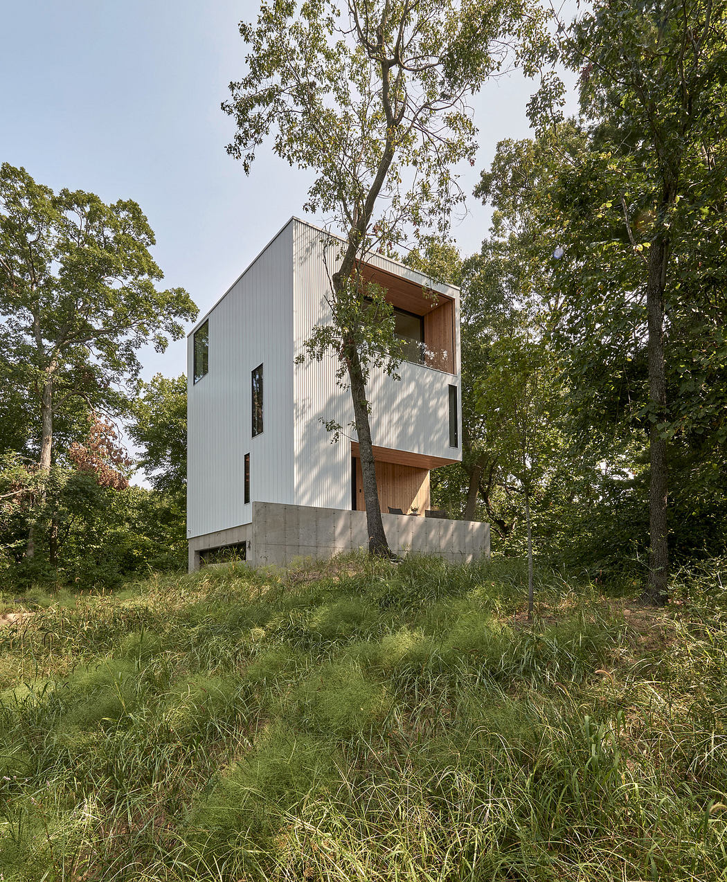 Modern three-story house with large windows nestled in a wooded area.