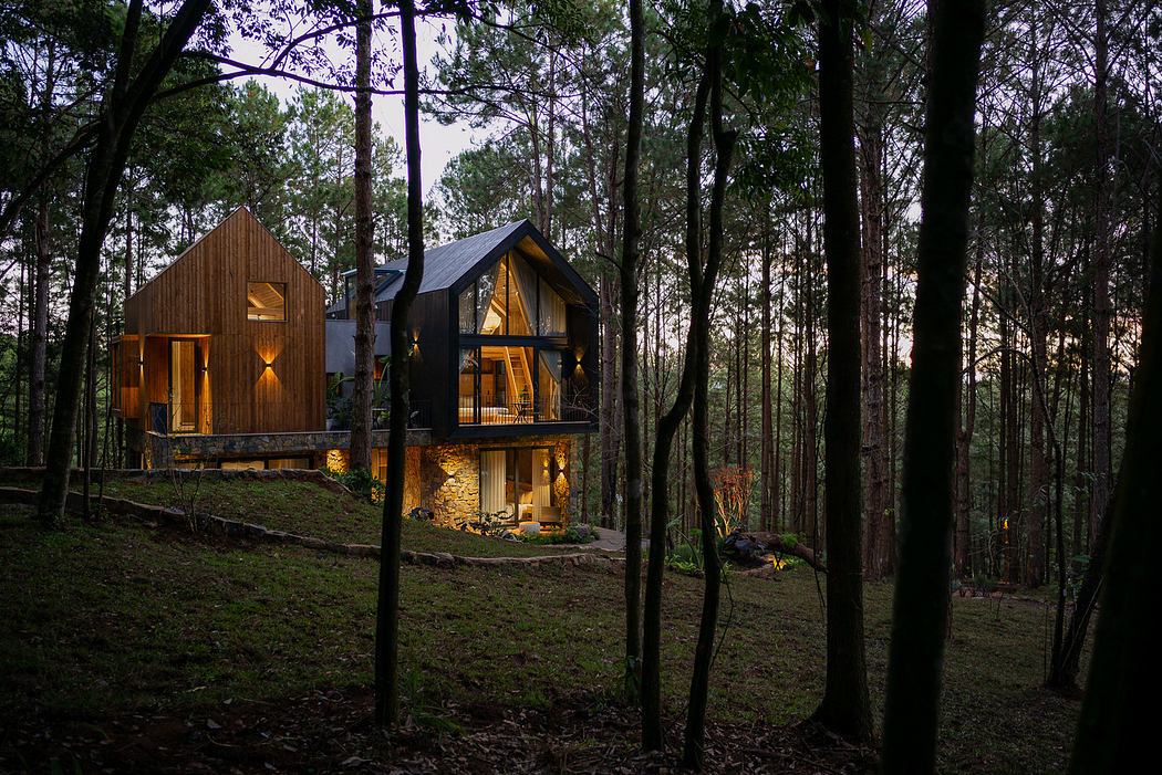 Modern twin gabled houses nestled in a forest at dusk.