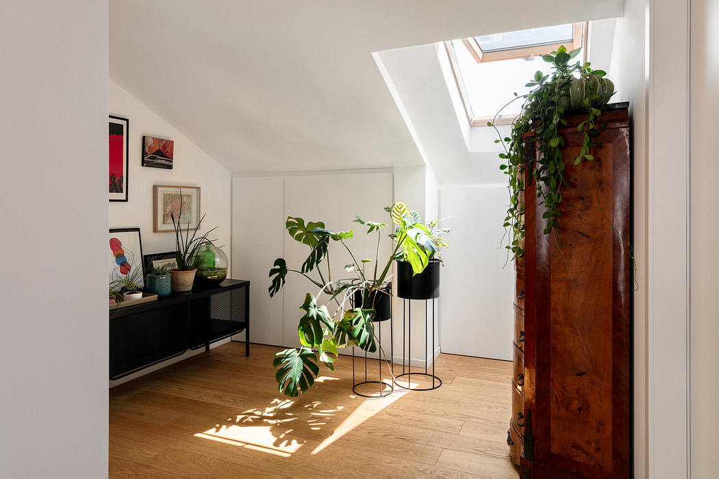 Modern attic room with skylight, plants, and minimalist decor.