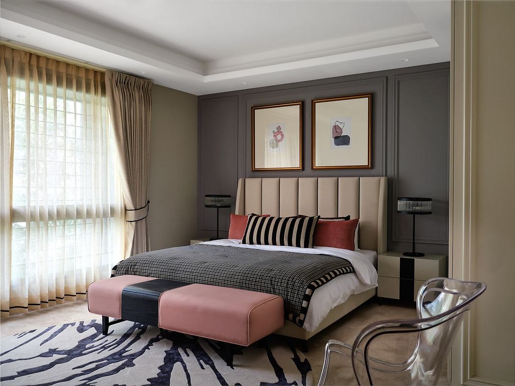 Elegant bedroom with a large bed, patterned rug, and muted color scheme