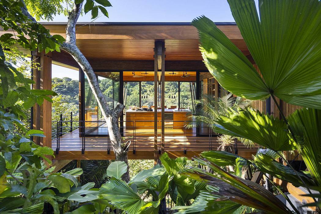 A wooden house with large windows surrounded by lush greenery.