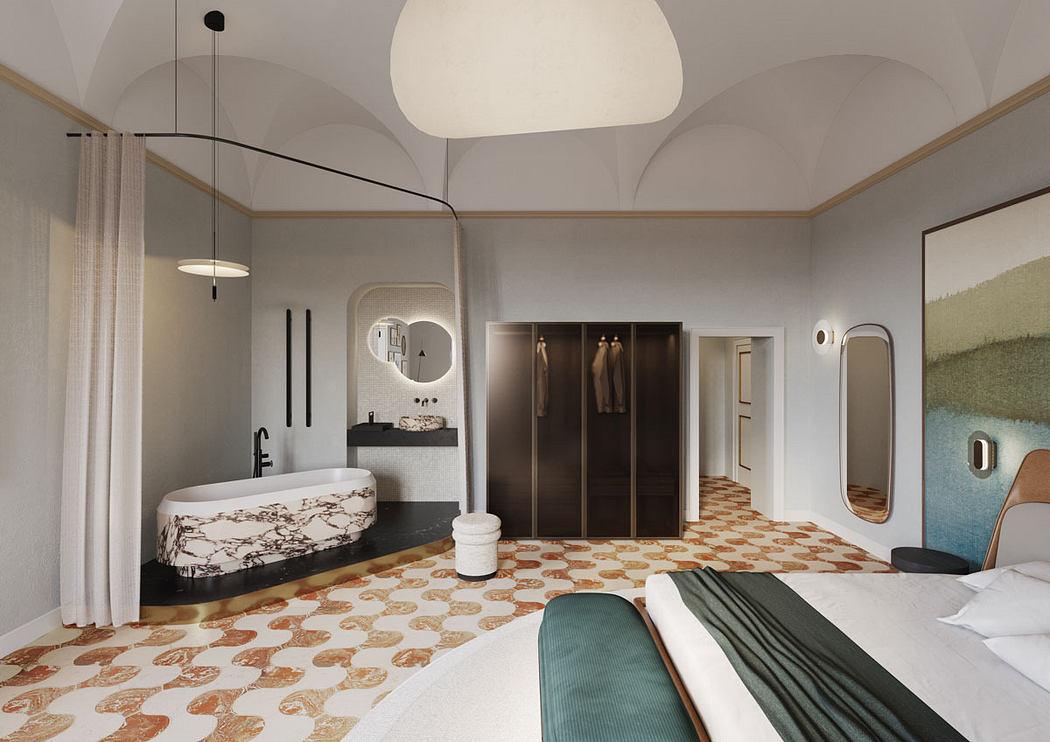Modern bedroom with patterned floor, oval bathtub, and arched ceiling.