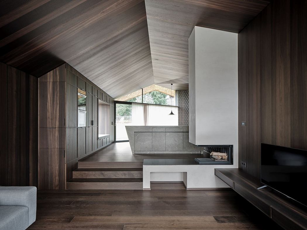 Modern interior with wooden paneling and angular design.