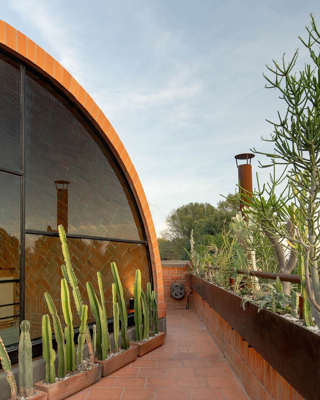 Curved building facade with tile work and rooftop garden with cacti.