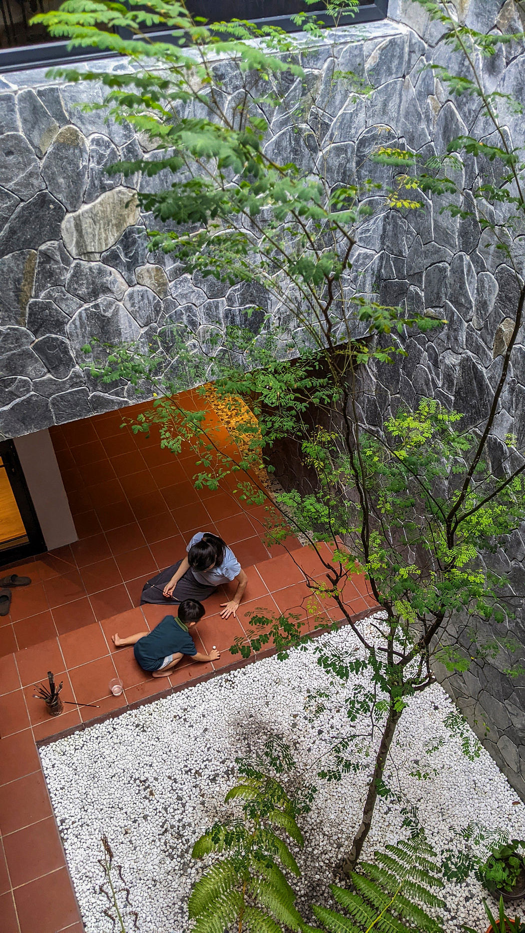 Person in a courtyard with stone walls, green plants, and pebble ground.