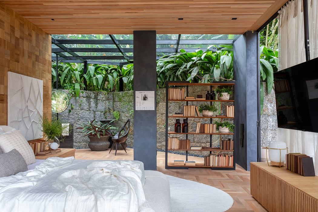 Modern bedroom with wooden elements and an indoor garden.