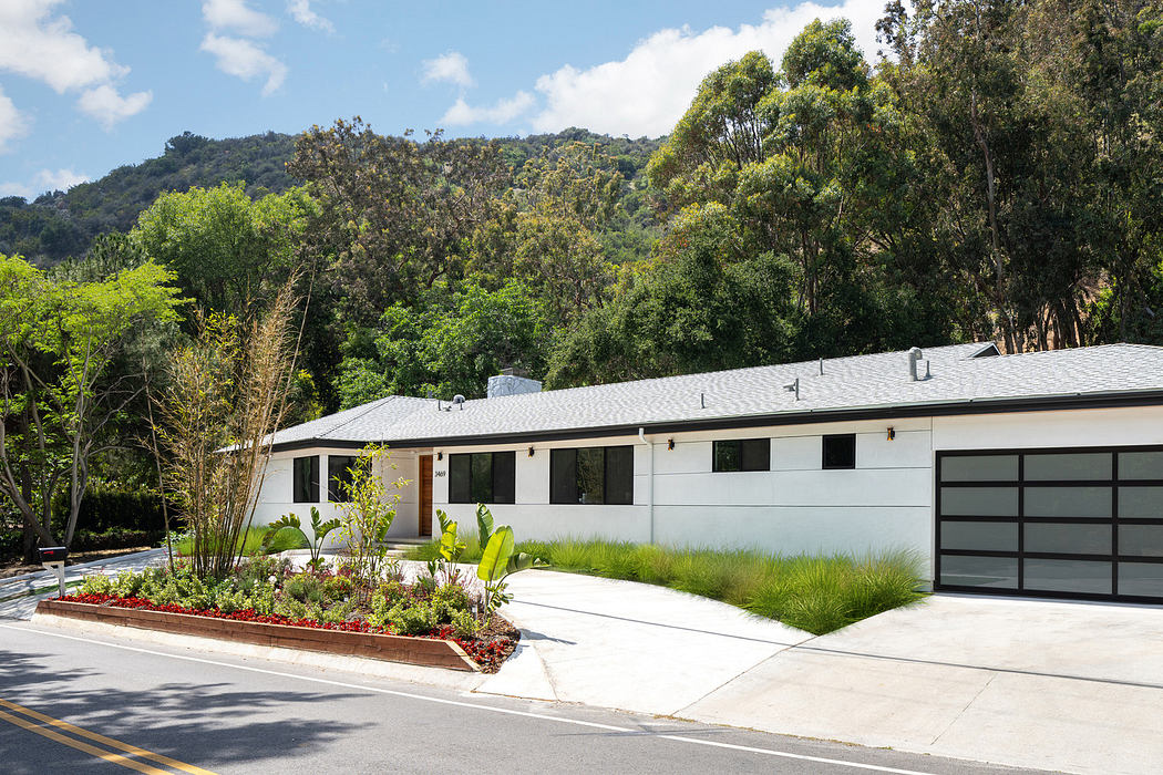 Modern single-story house with a white facade and landscaped driveway against a hillside