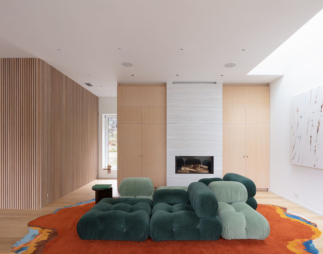 Modern living room with plush seating and wooden accents.