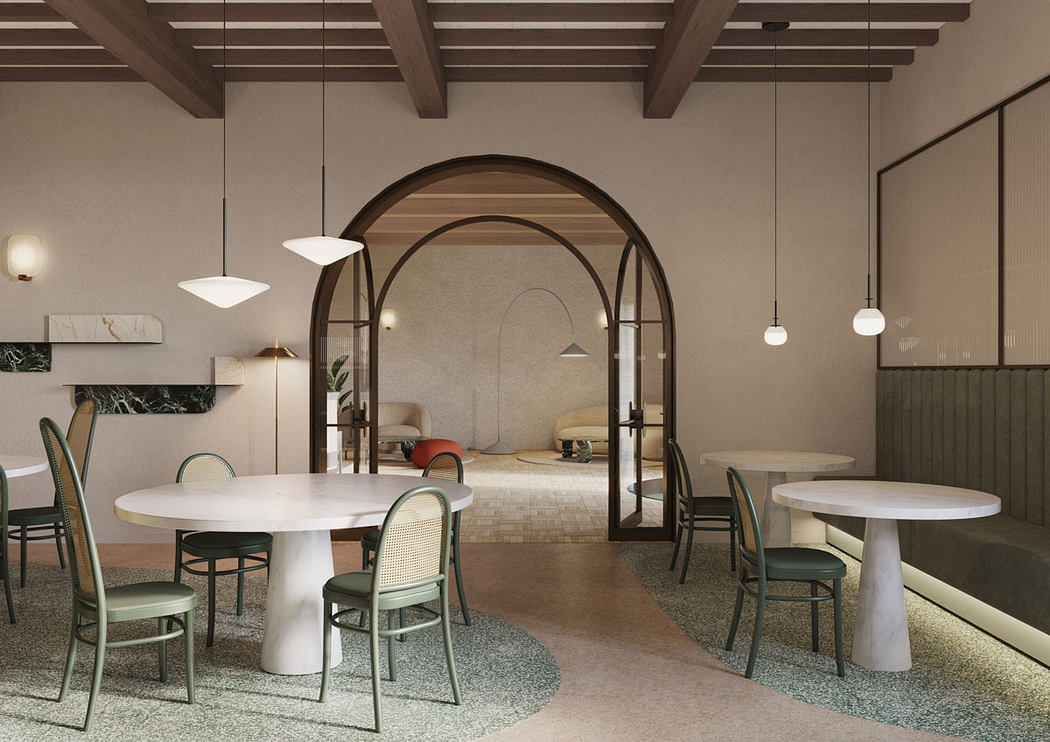 Modern dining area with arched doorway and elegant pendant lights.