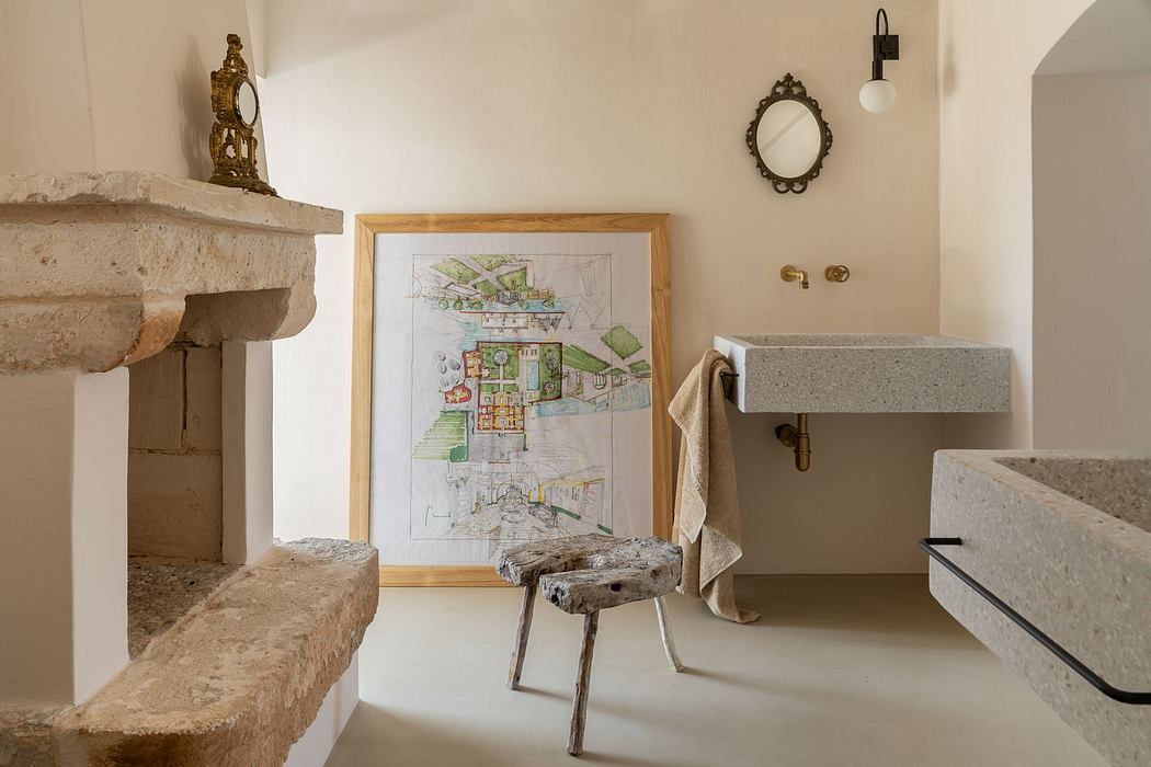 Minimalist interior with stone counters and rustic decor.