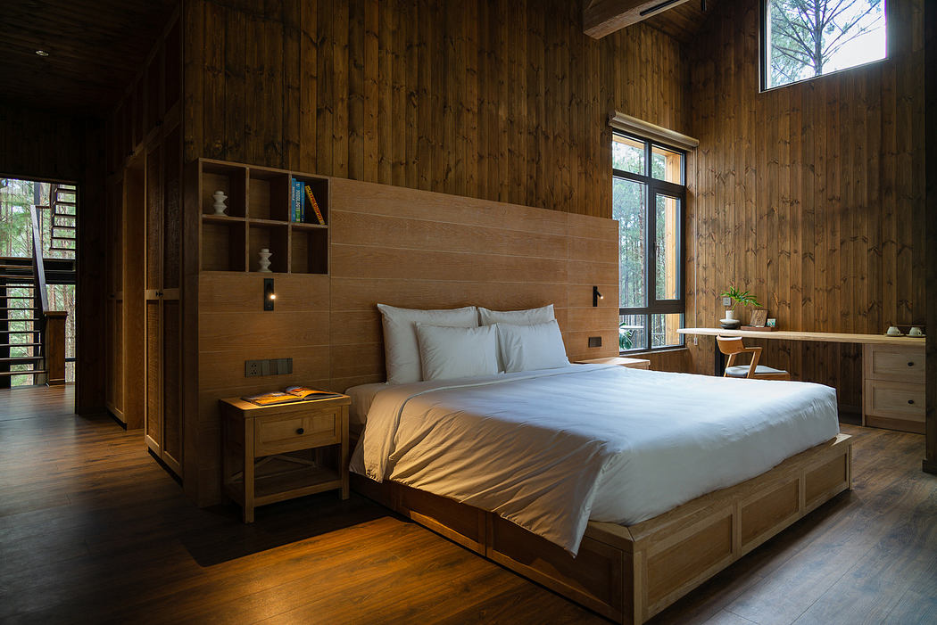 Modern bedroom with wooden walls, floor, and minimalist furniture.