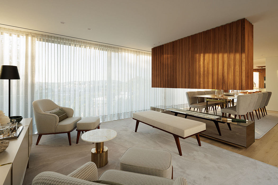 Modern living room with wooden elements and sheer curtains.