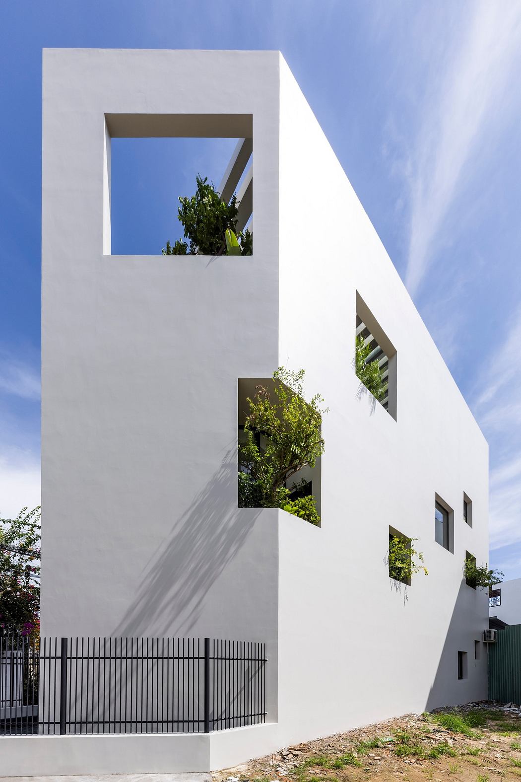 Modern white building with geometric windows and plants.