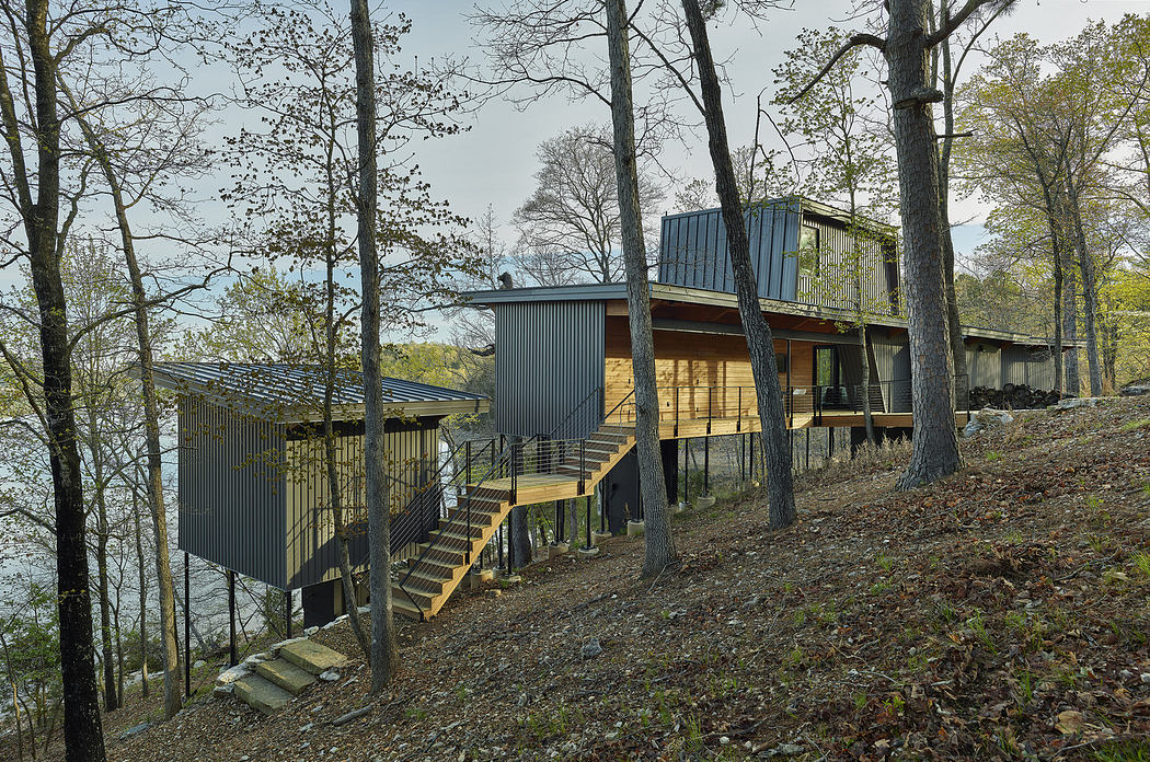 Contemporary house with mixed-material facade nestled in a woodland setting.