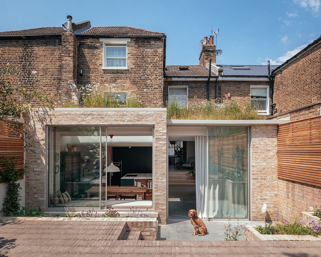 Contemporary brick extension with large glass windows and a dog sitting outside.