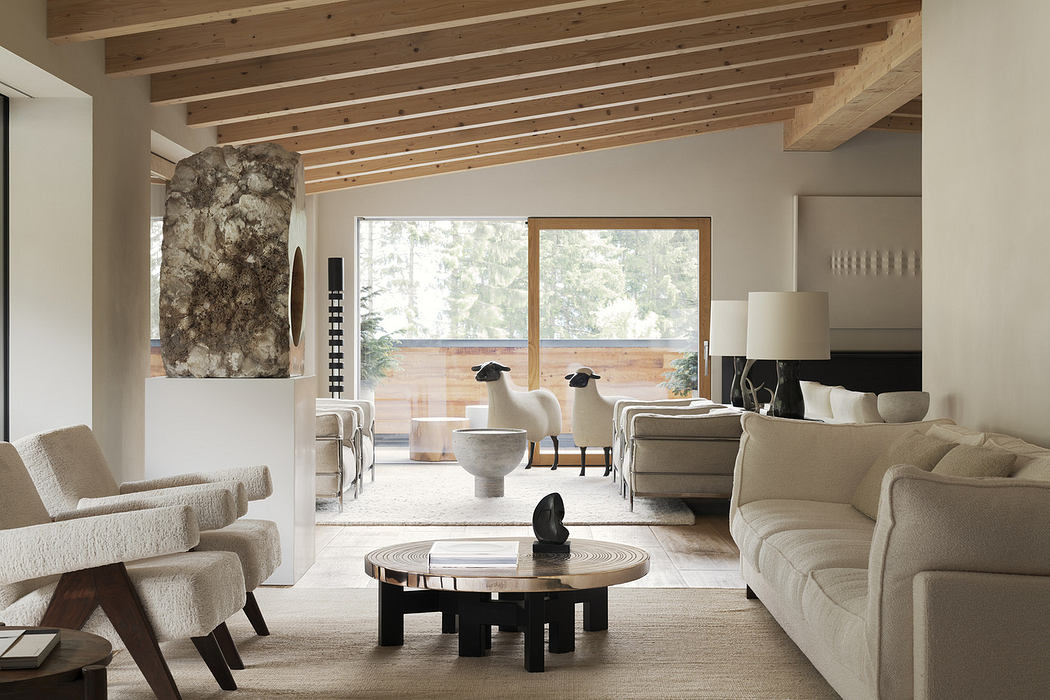 Modern living room with neutral tones, wooden beams, and elegant furniture.