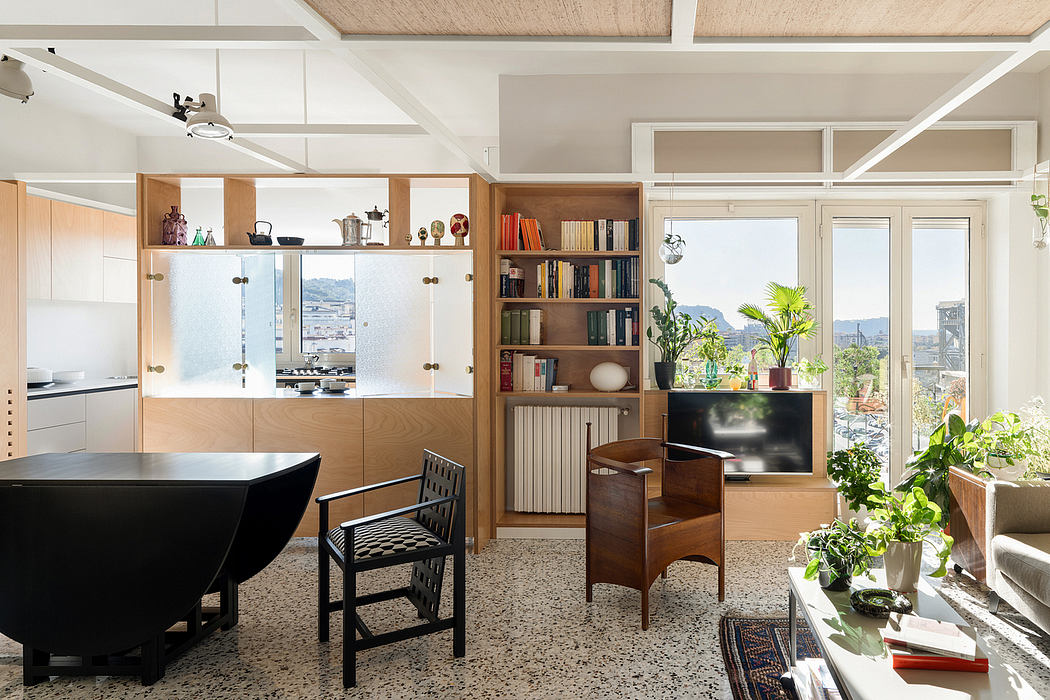 Bright room with piano, bookshelf, and city view through large windows.