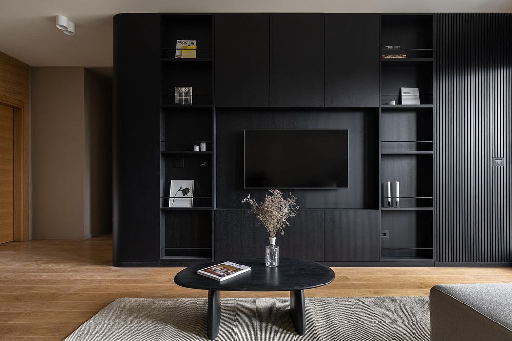 Modern living room with sleek black built-in shelving and wood flooring.