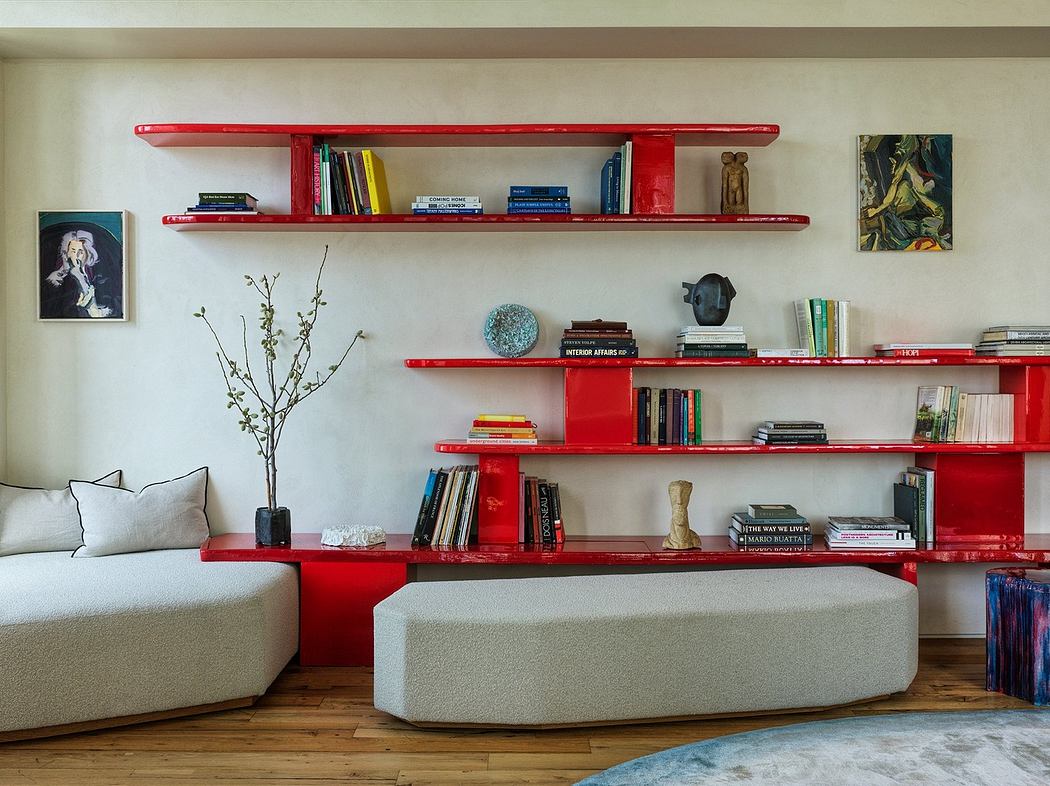 Contemporary room with vibrant red shelves and minimalist decor.