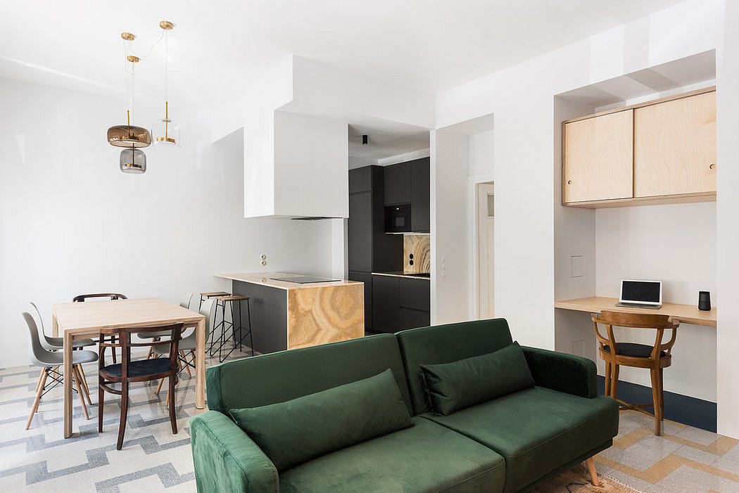 Contemporary studio apartment with minimalist furniture and clean lines.