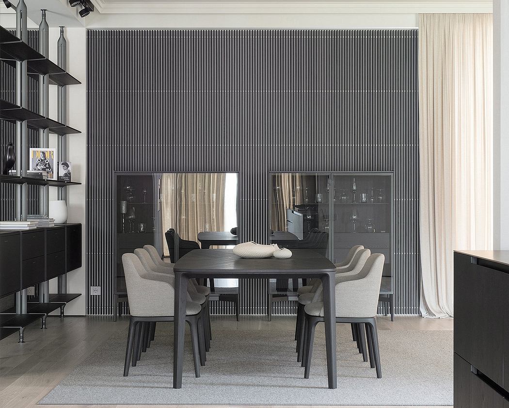 Contemporary dining room with striped wall, dark table and light chairs, airy curtains
