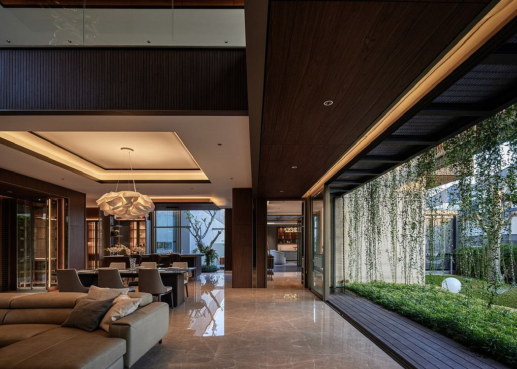Contemporary living space with wood accents and garden view.