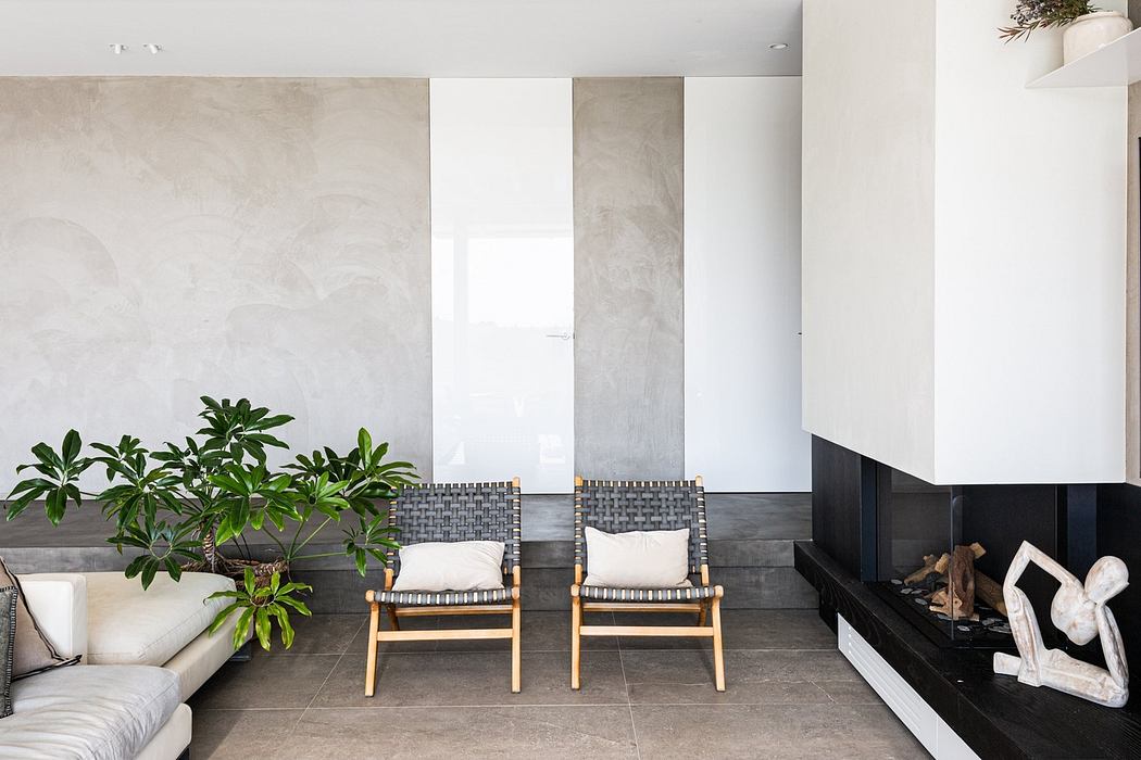 Modern living room with two chairs, a fireplace, and a green plant.