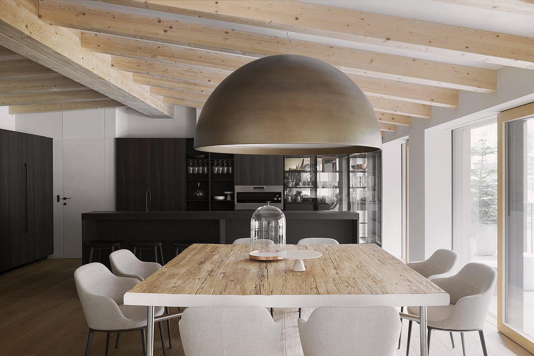 Modern kitchen with large wooden table, exposed beams, and oversized pendant light.