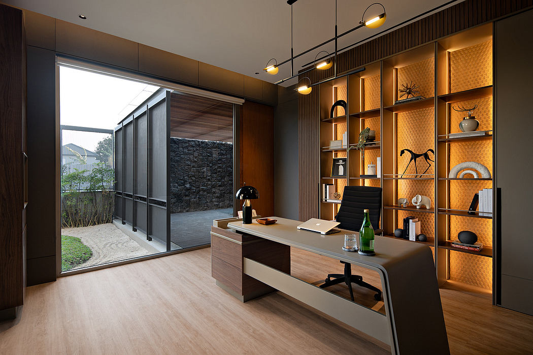 Modern home office with desk, shelving, and sliding glass door.
