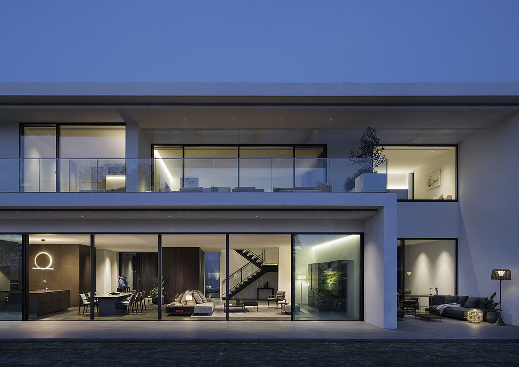 Sleek, two-story residence with expansive glass façade at dusk.
