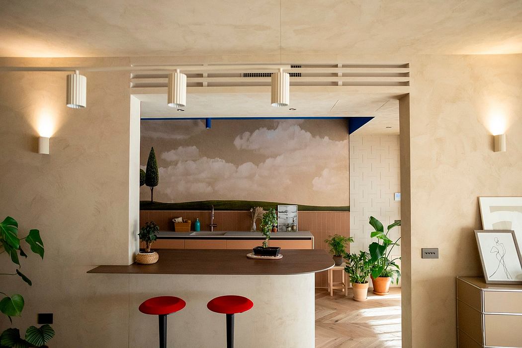 Contemporary interior with mural, pendant lights, and wooden beams.