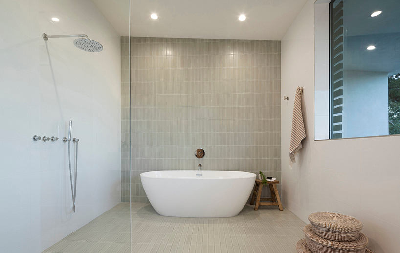 Modern bathroom with a freestanding tub and glass shower area.
