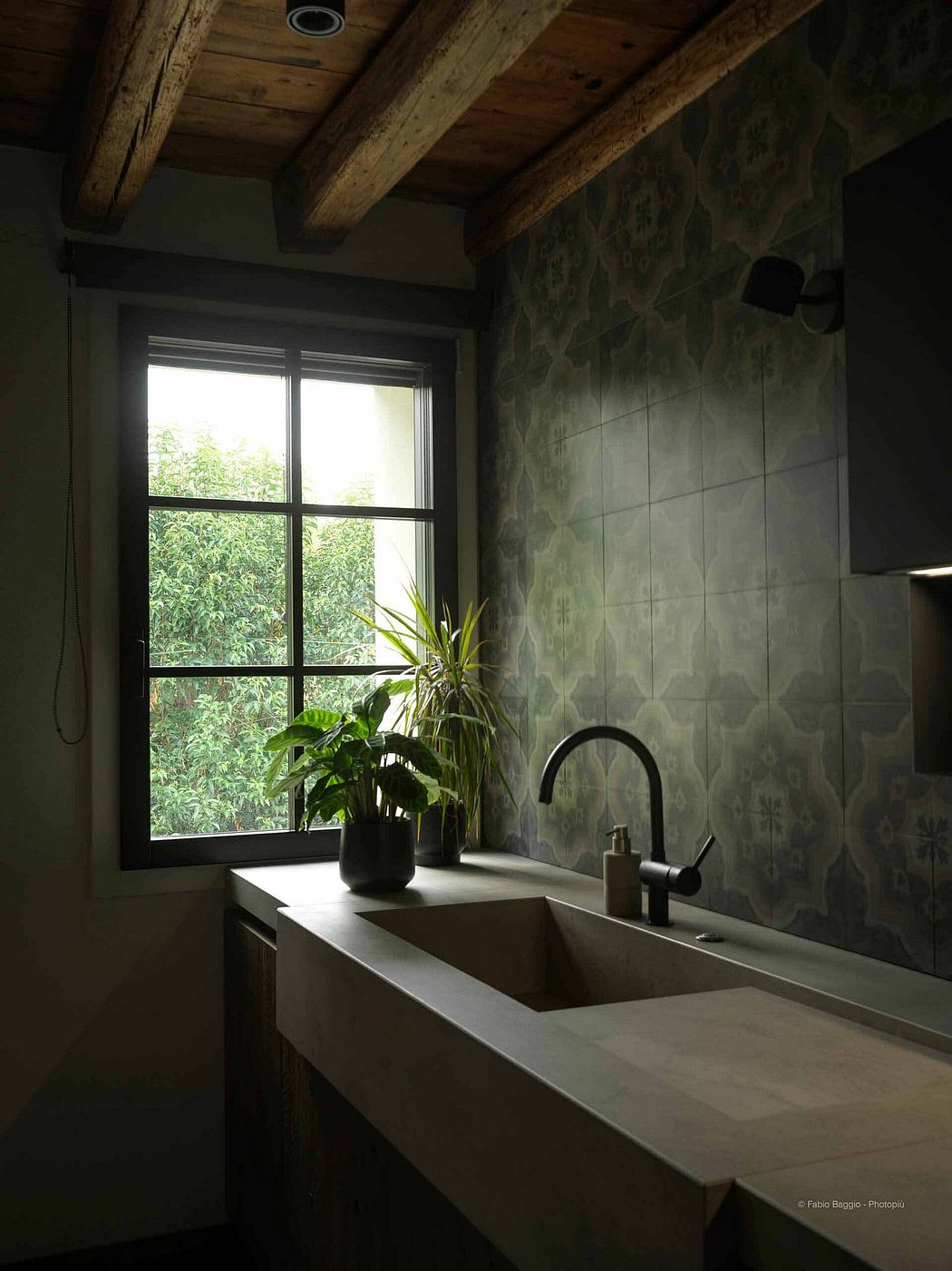 Contemporary bathroom with wooden beams, patterned tiles, and a potted plant