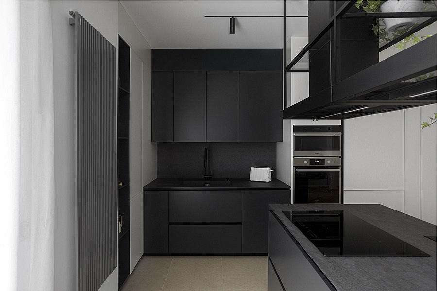 Modern kitchen with sleek black cabinetry and minimalist design.