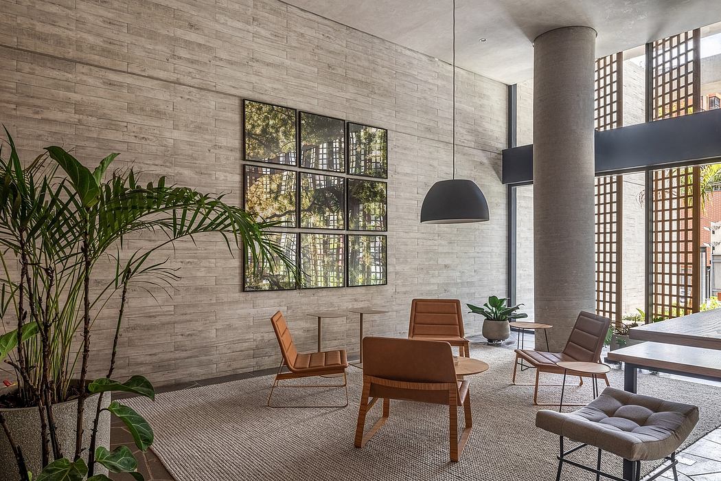 Contemporary interior with minimalist design, large windows, and lush plants.