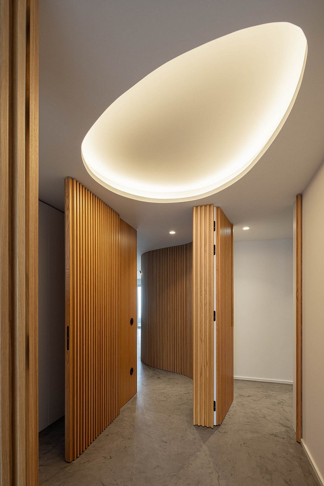 Hallway with wooden doors and an elliptical ceiling light fixture.