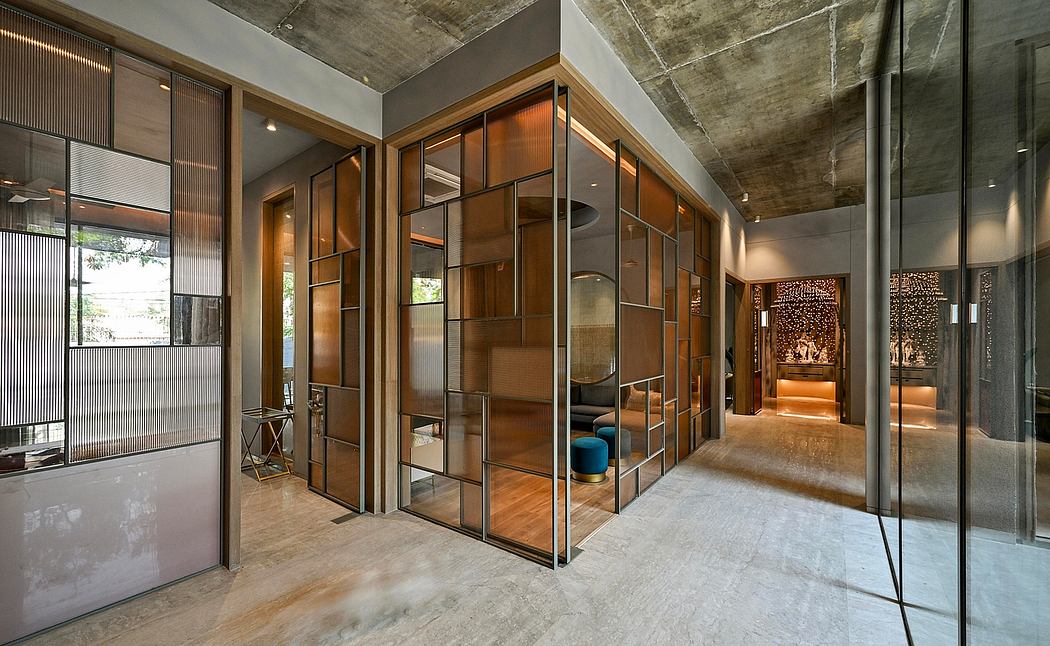 Modern interior with glass walls and wooden shelves, reflecting a mix of industrial and warm