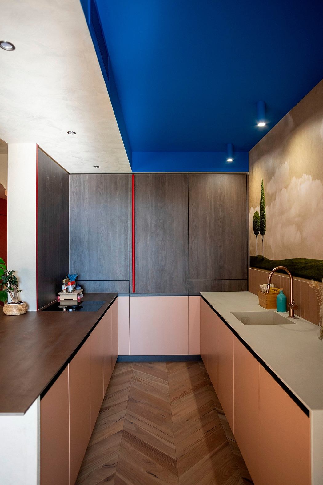 Modern kitchen with blue ceiling, dark cabinets, and herringbone wood floor.