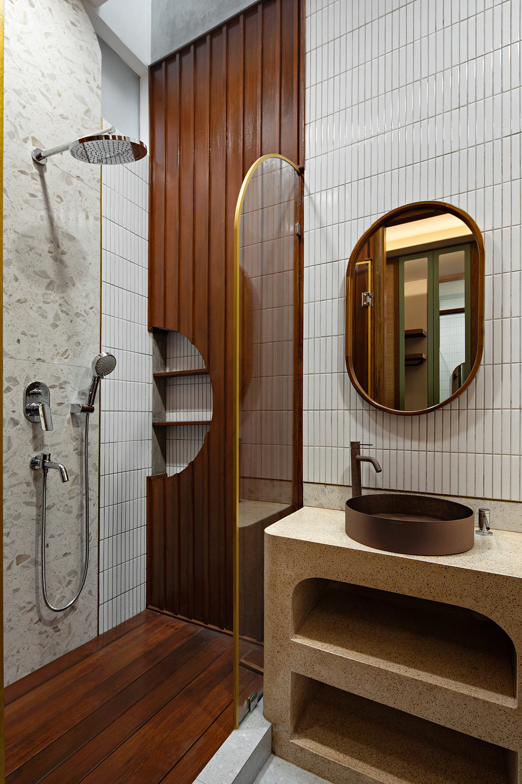 Stylish bathroom with wooden accents and rainfall shower.