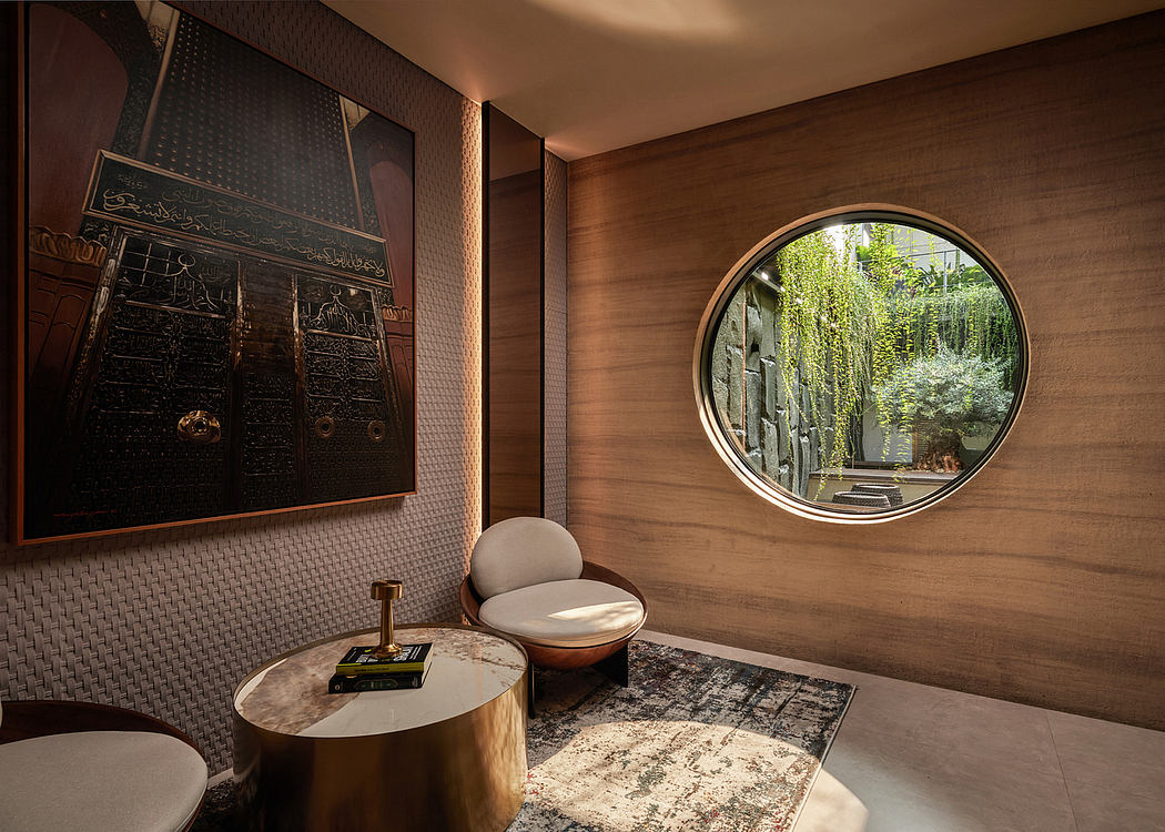 Contemporary room with circular window overlooking greenery, minimalistic furniture, and warm