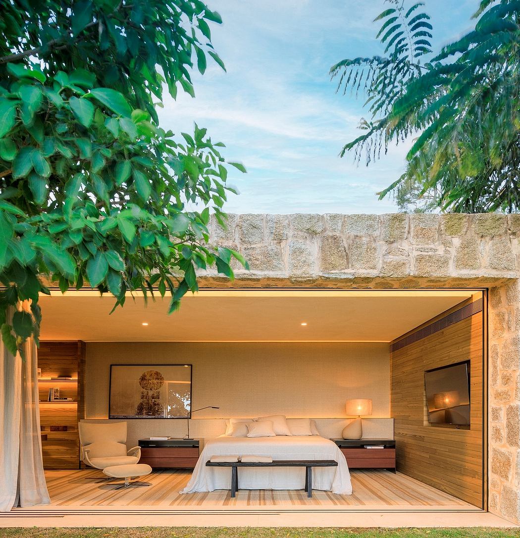 Contemporary bedroom with large window and wooden accents