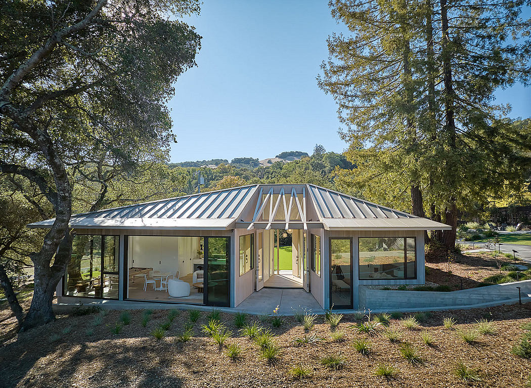 Contemporary house with gabled roof and large windows nestled in woodland.