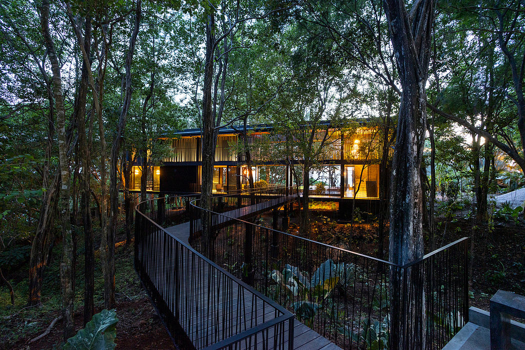 Modern house with lit interior amidst trees at dusk, connected by a walkway.