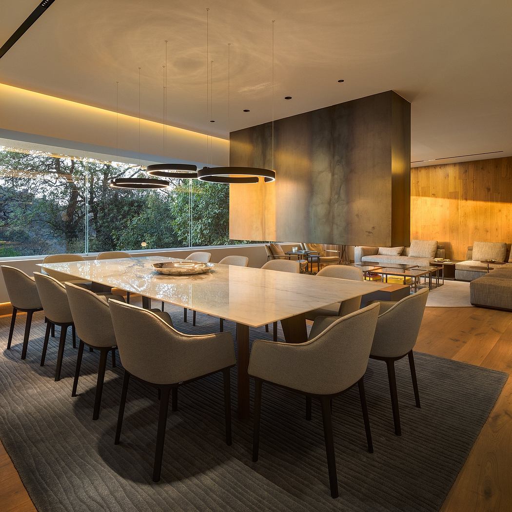 Contemporary dining area with sleek furniture and wood paneling