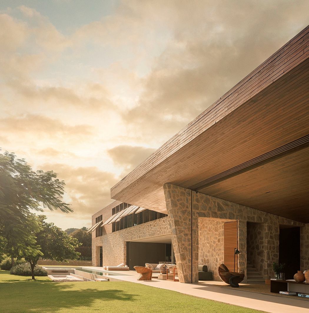 Contemporary house with a large overhanging roof and expansive patio at sunset.