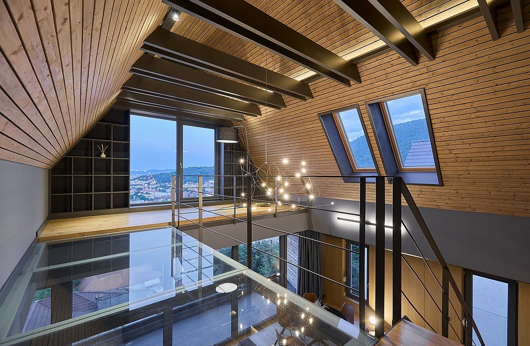 Contemporary interior with wooden slats, glass floor, and large windows.