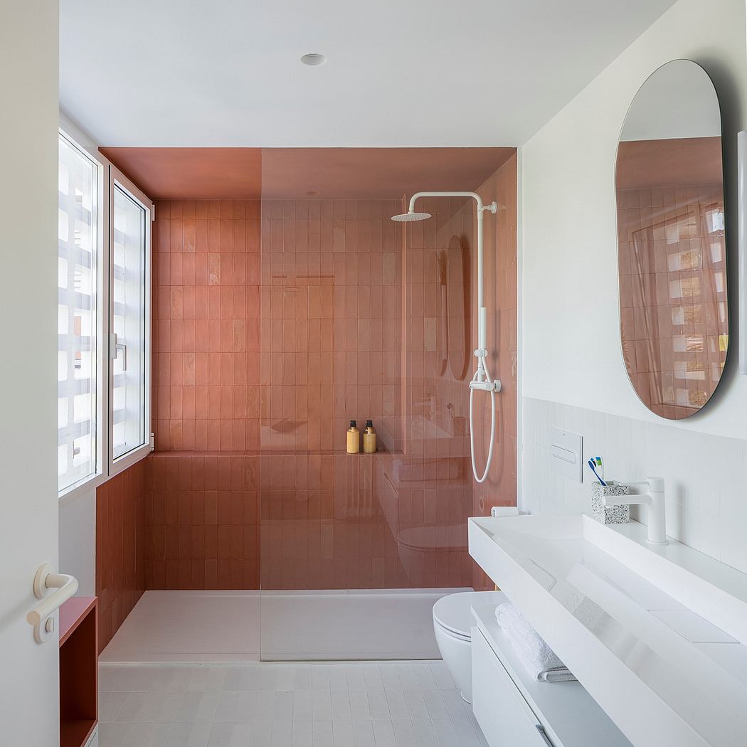 Sleek bathroom with terracotta tiles and minimalist vanity.